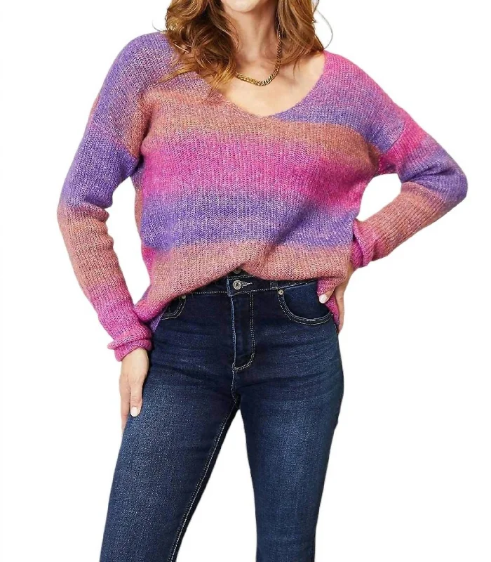 Flowy Fabric Chic Ribbed V-Neck Pullover Sweater In Purple