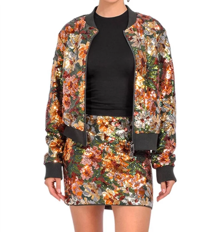 Women's Occasion Wear Clothes Floral Sequin Bomber Jacket In Olive