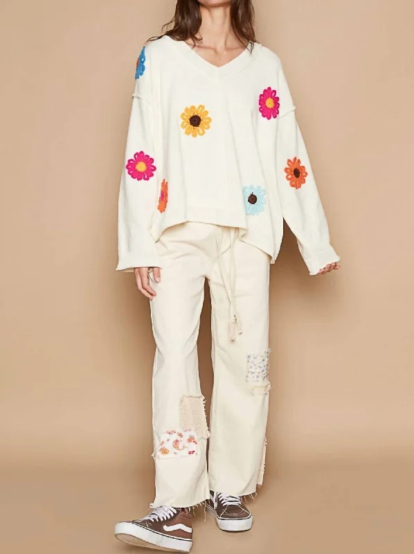 Absurdly Cheap Sale Chenille Flower Patch Sweater In Cream