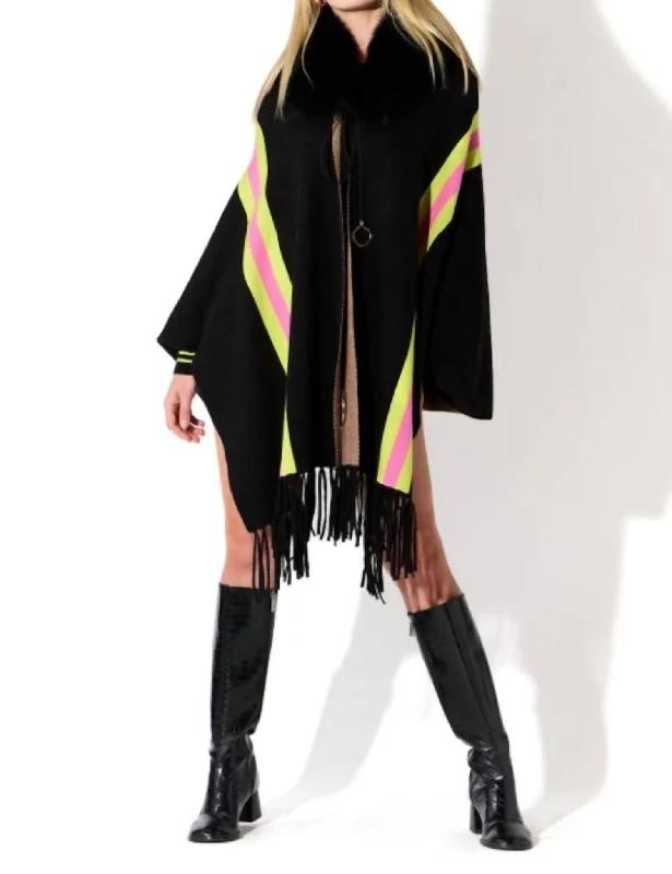 Easygoing Women's Style Bee Embellished Fur Collar Cape In Black