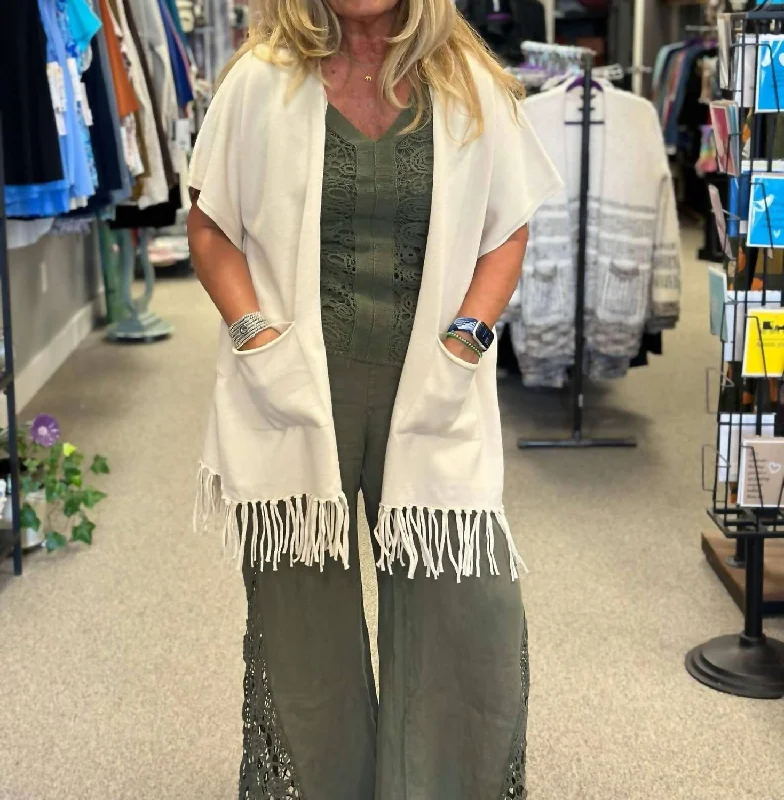 Budget Friendly Fashion Pocket Fringe Poncho In Light Sand