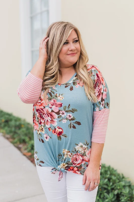 Luxe Fashion, Less Cost 3/4 Sleeve Floral & Striped Tie Top- Antique Blue