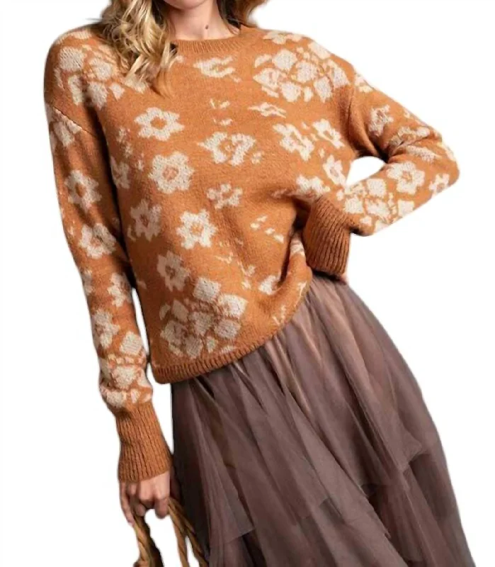Signature Style Essentials Floral Print Crew Neck Sweater In Brown