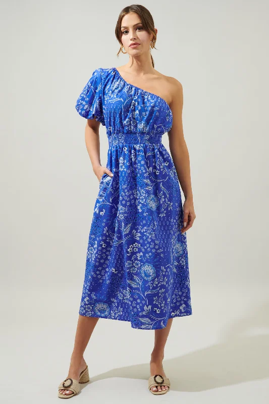 Online Impressions Boutique Amaya Mixed Print Bridgette One Shoulder Midi Dress