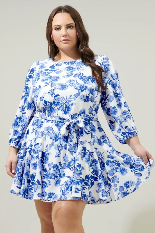 Women's Stylish Professional Apparel Antoinette Blue Floral Collins Godet Mini Dress Curve