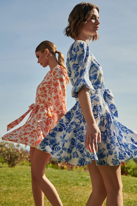 Women's Travel Apparel Antoinette Blue Floral Collins Godet Mini Dress