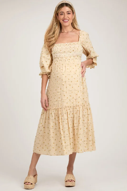 Stylish Loungewear for Women Beige Floral Square Neck Smocked Fringe Maternity Midi Dress