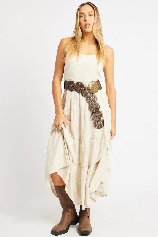 Women's Casual Attire Beige Midi Dress Tiered Strappy