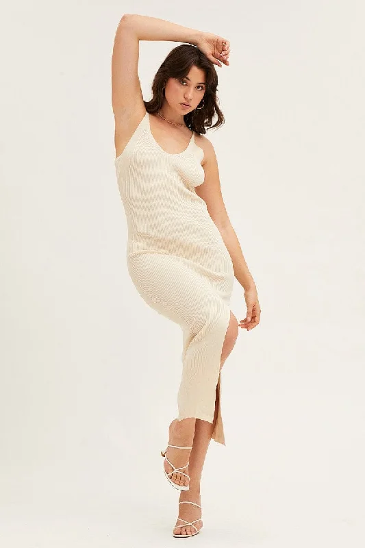 Clothing Sale Beige V Neck Kint Midi Dress
