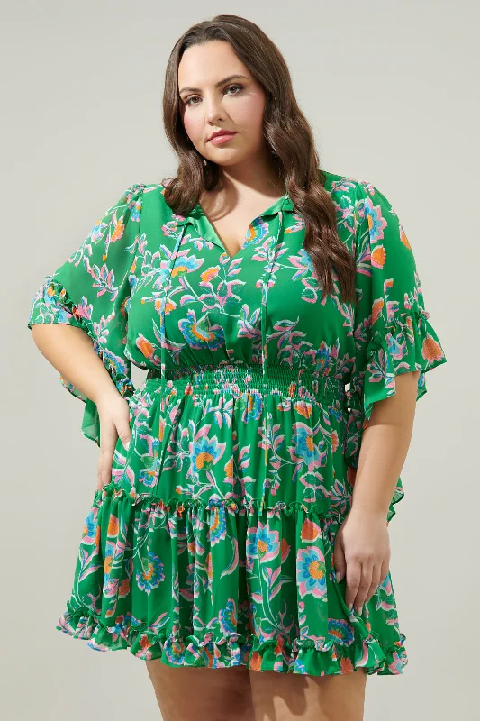 Women's Fashionable Attire For Work Belize Floral Amorcito Bell Sleeve Mini Dress Curve