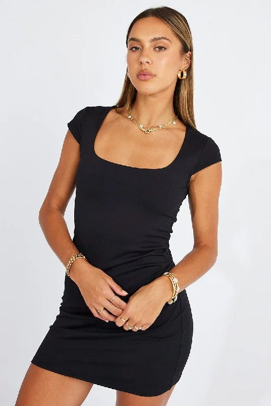 Tailored Clothing For Women Black Dress Short Sleeve Square Neck Supersoft