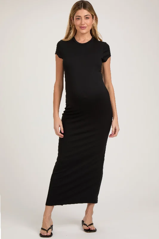 Trendy Women's Apparel for All Seasons Black Fitted Short Sleeve Maternity Maxi Dress