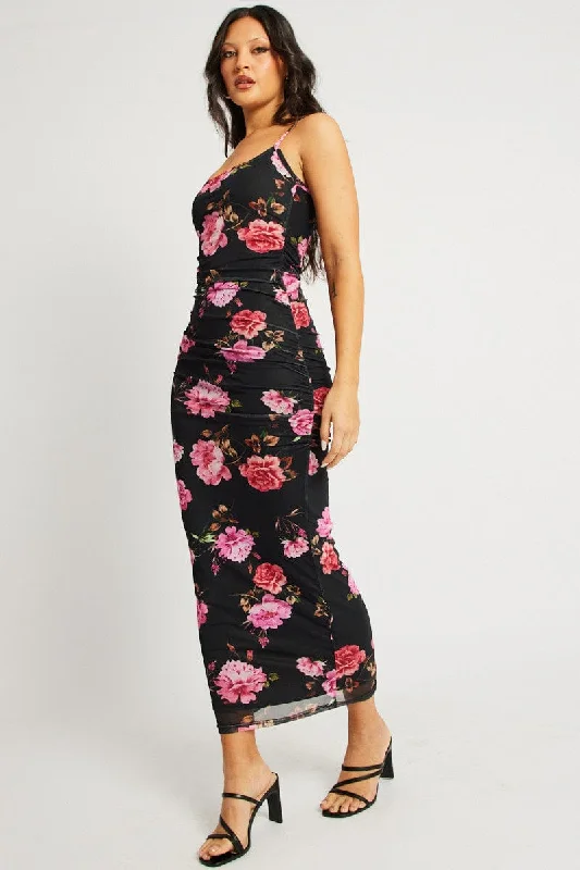 Fashionable Tops for Women Black Floral Bodycon Dress Singlet Maxi