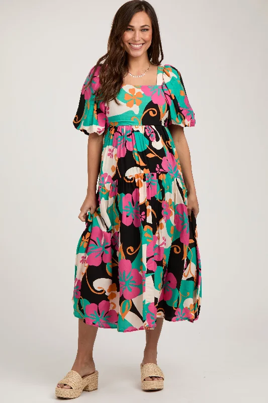 Comfortable Garments For Women Black Floral Tiered Puff Sleeve Maternity Midi Dress