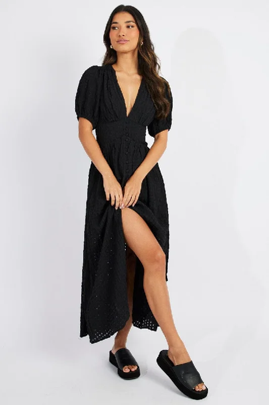 Women's High-Fashion Apparel Black Midi Dress Puff Sleeve