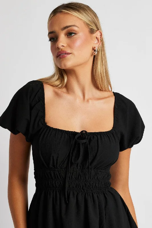 Women's Clothing Black Midi Dress Short Sleeve Ruched Bust