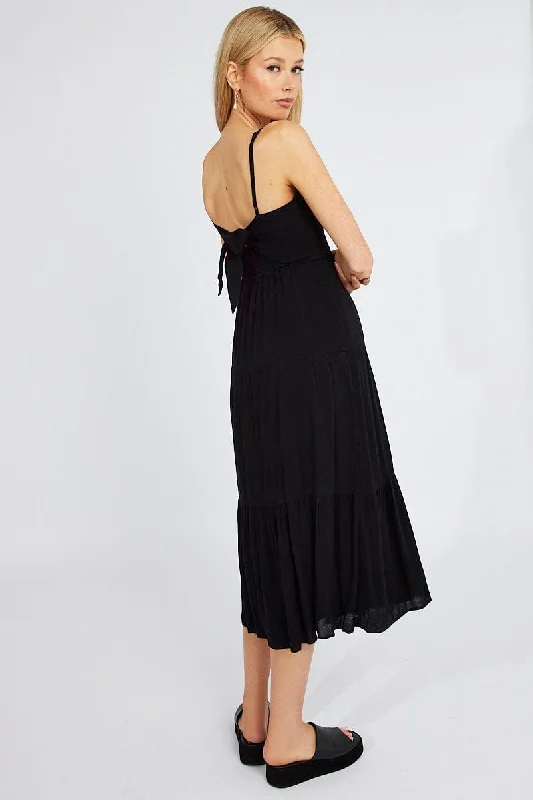 Casual Clothes For Women Black Midi Dress Sleeveless Shirred Tie Back