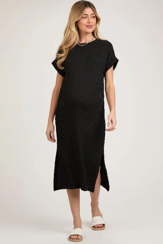 Women's Holiday Apparel Black Ribbed Short Sleeve Maternity Midi Dress