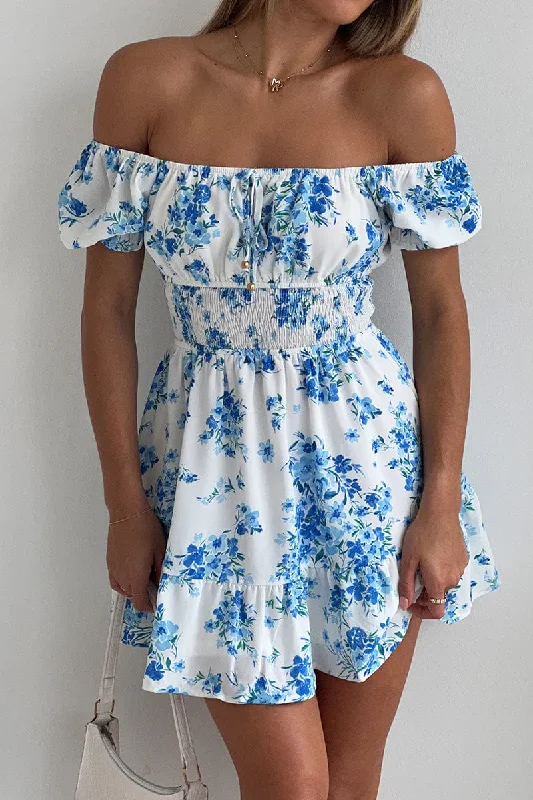 Fashionable Women's Clothing Blue Floral Fit And Flare Dress Mini
