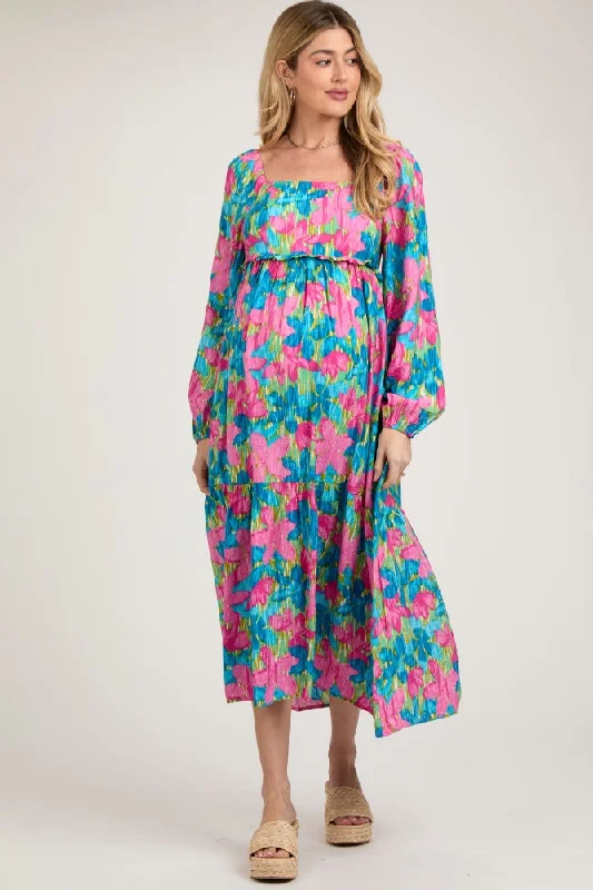 Women's Effortless Casual Outfit Blue Floral Long Sleeve Maternity Midi Dress