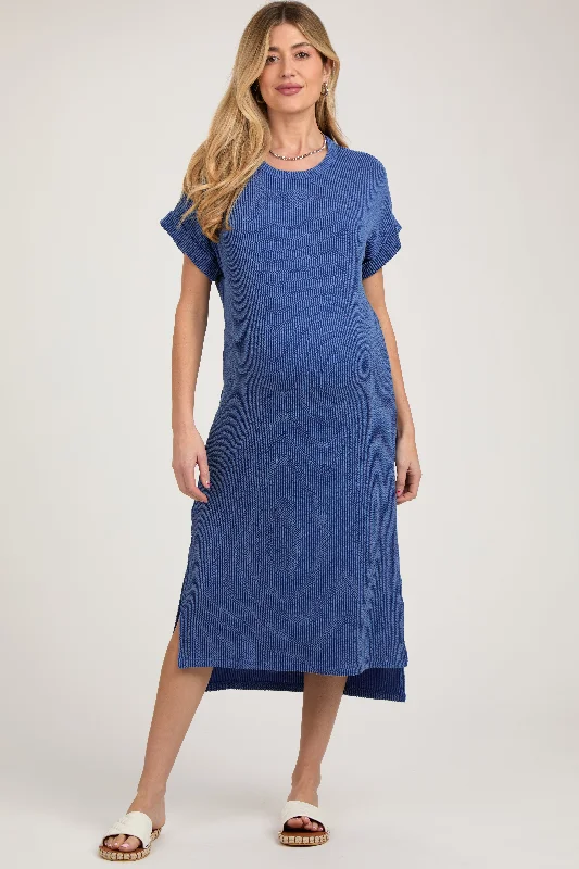Women's Clothing Sale Online Blue Ribbed Short Sleeve Maternity Midi Dress
