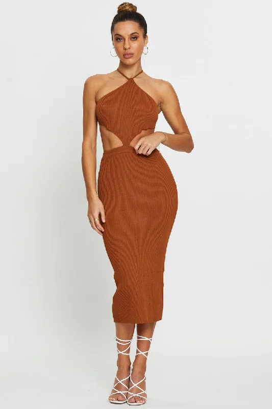 Women's Outdoor Activity Garments Brown Knit Dress Halter Neck