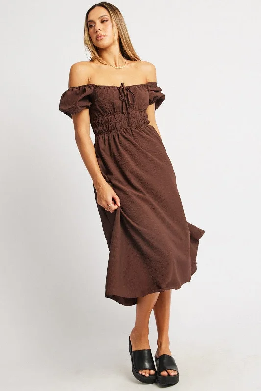 Trendy Boutiques Online Brown Midi Dress Short Sleeve Ruched Bust
