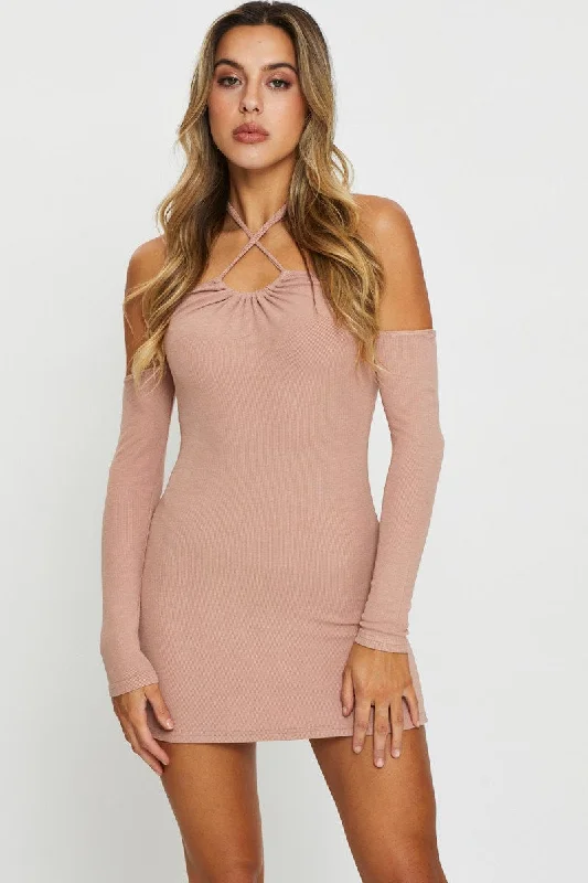 Women's Comfy Loungewear Outfit Brown Mini Dress Bodycon Halter Neck