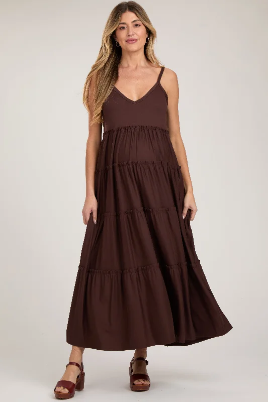 Women's Wardrobe Apparel Brown Tiered Sleeveless Maternity Maxi Dress