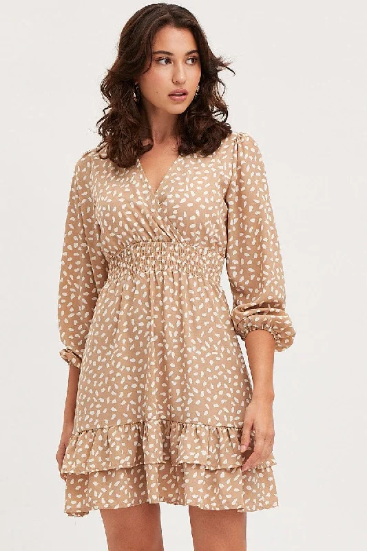 Women's Work Outfit For The Office Geo Print Skater Dress Long Sleeve Mini