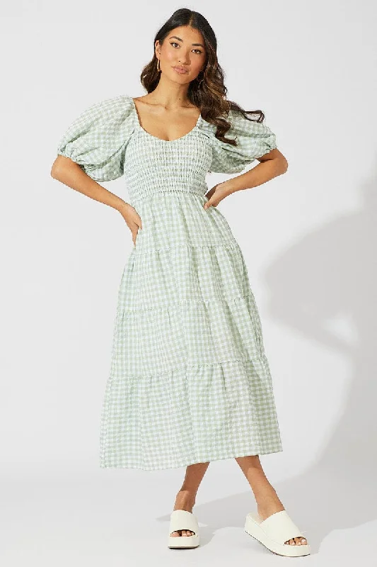 Clothing Online Green Check Midi Dress Short Sleeve Shirred