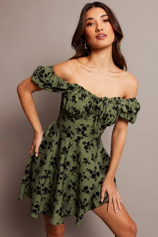 Women's Tops And Clothing Green Ditsy Fit And Flare Dress Mini