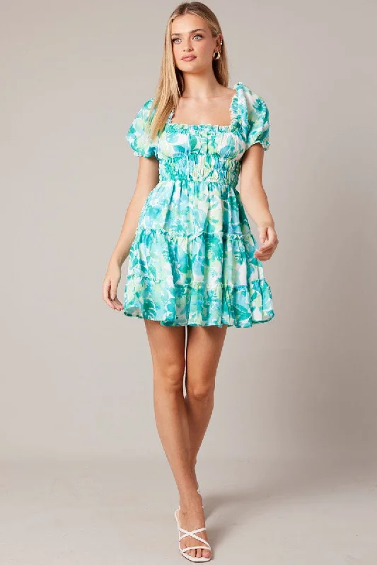Women's Weekend Outfit Green Floral Fit And Flare Dress Puff Sleeve