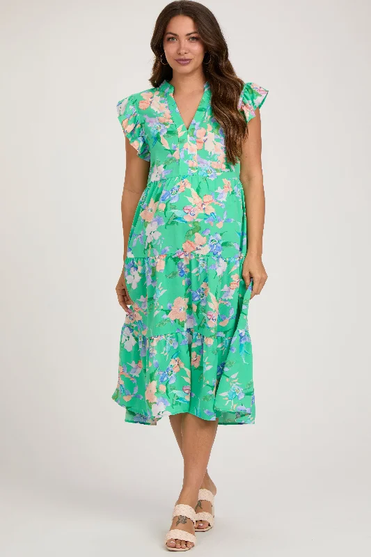 Stylish Clothes For Women Green Floral Ruffle Tiered Maternity Dress