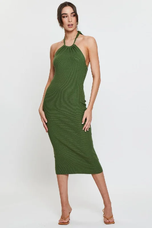 Affordable Trendy Clothes For Women Green Knit Dress Midi Halter Neck