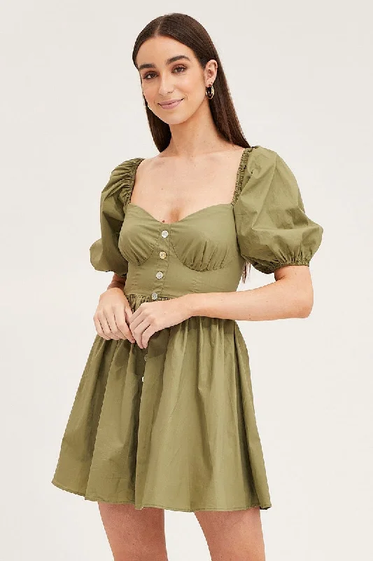 Women's Clothes For Work Events Green Skater Dress Puff Sleeve Mini Sweet Heart Neck