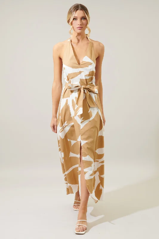 Women's Evening Wear Attire Hazel Abstract Backless Halter Low Tide Maxi Dress