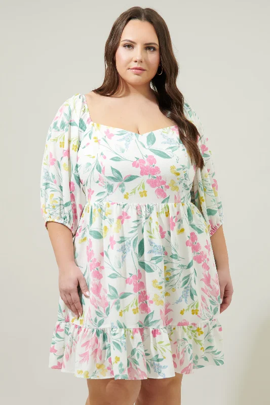Plus-Size Women's Clothing Jacinda Floral Scotia Puff Sleeve Babydoll Dress Curve