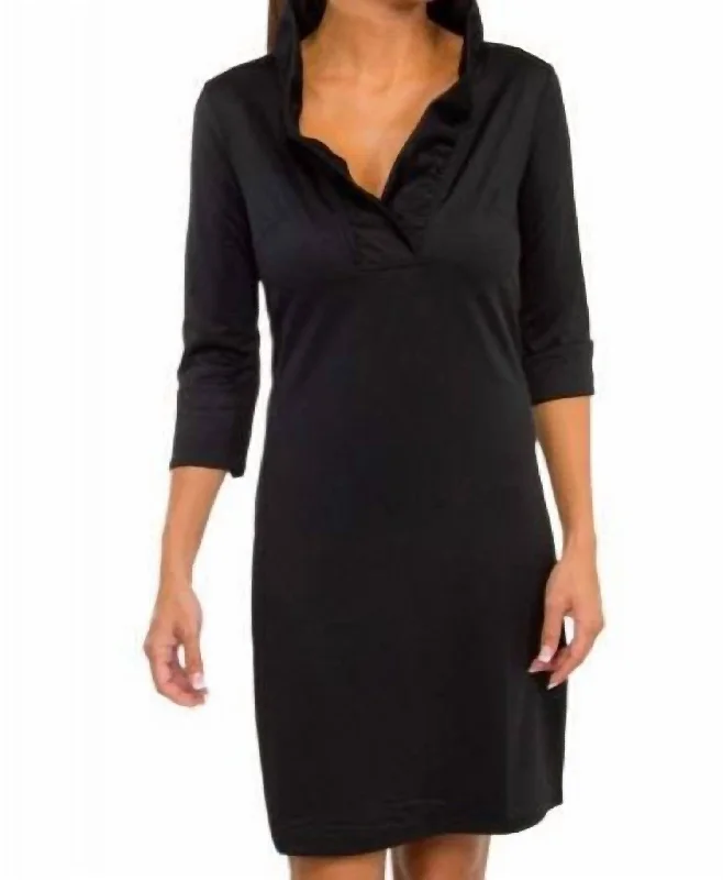 Affordable Women's Clothing Jersey Ruffneck Dress - Solid In Black