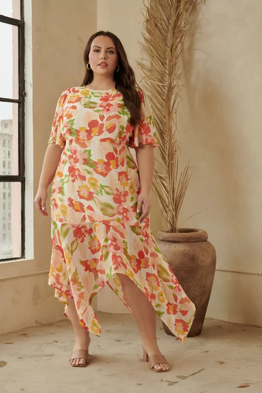 Exclusive Discount Kailua Floral Aerin Asymmetrical Flutter Midi Dress Curve