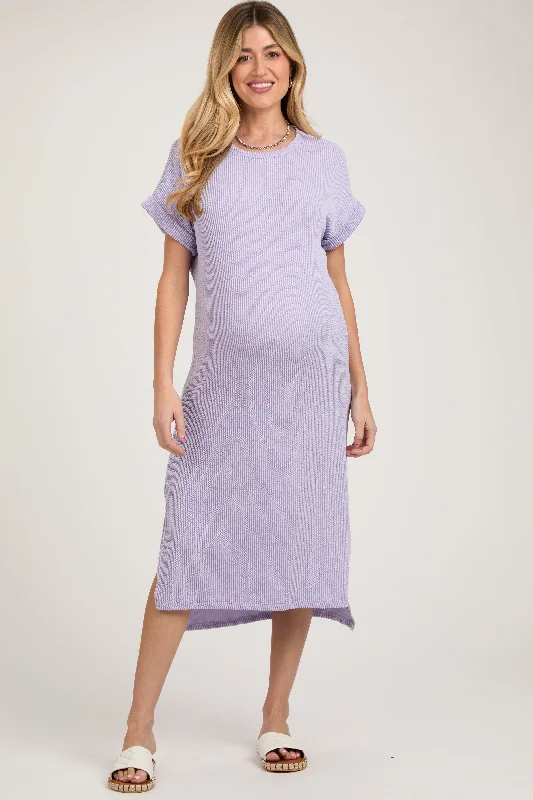 Women's Trendy Outfits Lavender Ribbed Short Sleeve Maternity Midi Dress