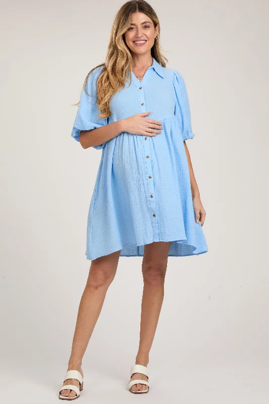 Online Clothing Boutiques Light Blue Button Down Bubble Sleeve Collared Maternity Dress