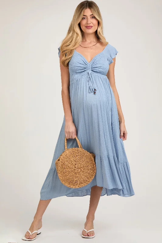 Women's Trendy Clothing Light Blue Smocked Ruched Ruffle Hem Maternity Maxi Dress