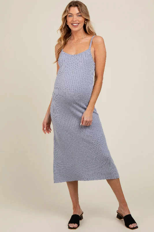 Women's Casual Outfit Light Blue Square Neck Ribbed Sleeveless Maternity Midi Dress