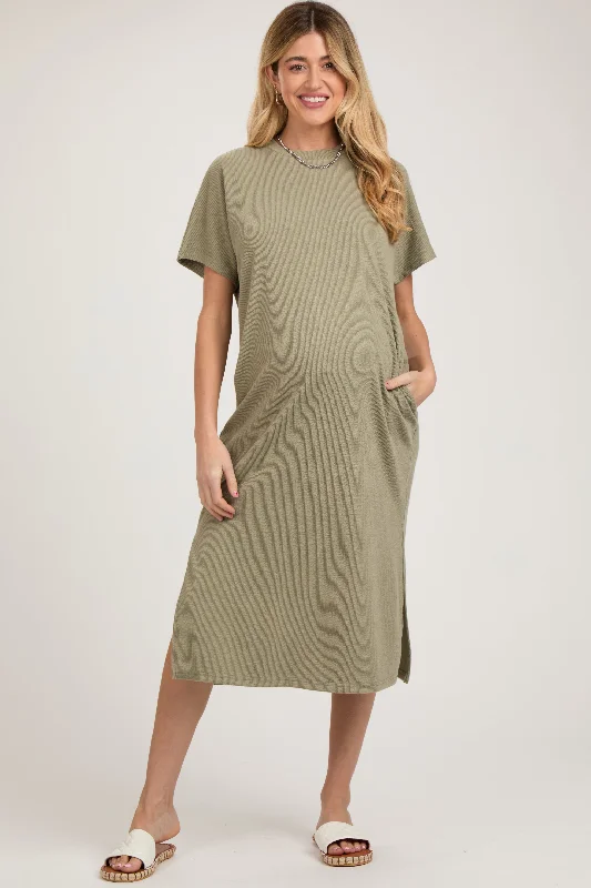 Stylish Outerwear Clothing For Women Light Olive Ribbed Short Dolman Sleeve Side Slit Maternity Midi Dress