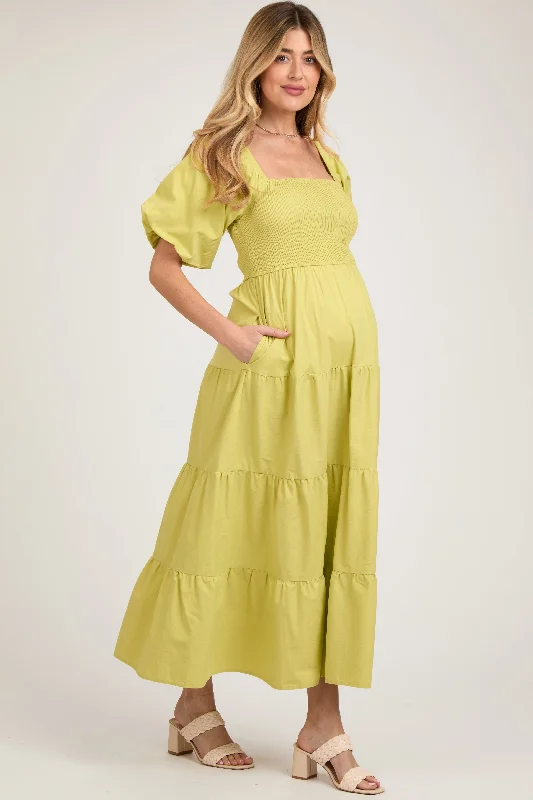 Women's Transitional Clothes Light Olive Smocked Square Neck Puff Sleeve Tiered Maternity Maxi Dress