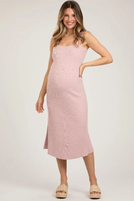 Women Clothing Light Pink Sweater Knit A-Line Maternity Midi Dress