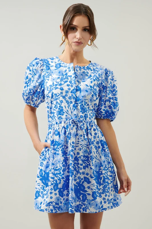 Timeless Women's Garments Lover Girl Blue Floral Alba Puff Sleeve Mini Dress
