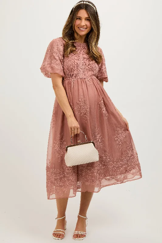 Women Wear Online Mauve Floral Lace Smocked Maternity Midi Dress
