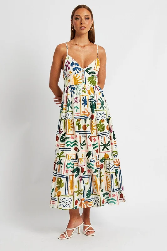 Women's Comfortable Apparel Multi Abstract Maxi Dress Sleeveless